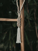 Large pendant light of wooden beads and shells